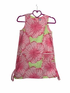 Lilly Pulitzer Girls Vintage Pink Hibiscus Shift Dress Cotton Pockets Sz 10